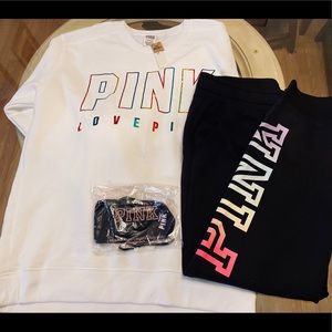 VS Pink Rainbow Graphic Foil Sweater, Jogger, Mask